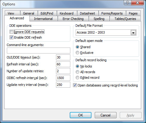 MS Access 2003 Options Advanced screen shot.