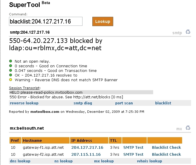 Screencap of SMTP test