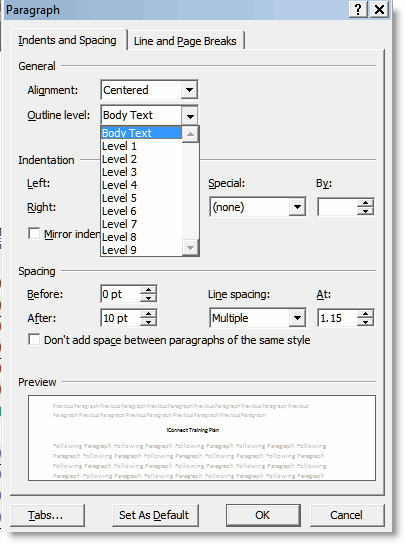 Paragraph Outline Level