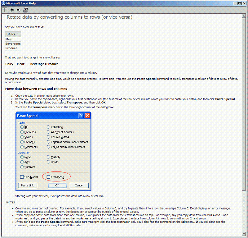 Excel 2003: Transpose data help screen