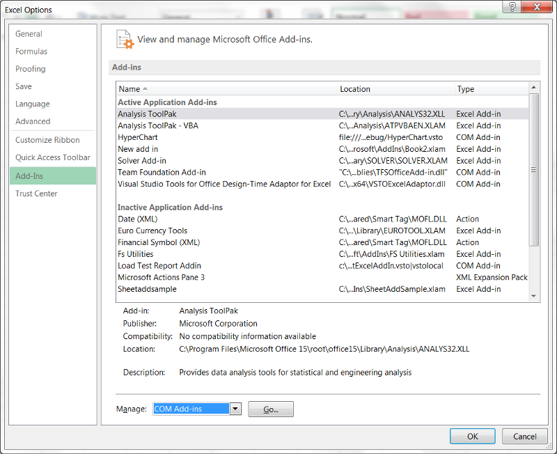Excel add-ins options