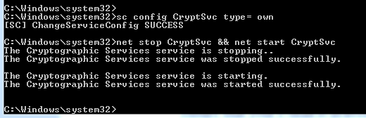 Command  used to separate CryptSvc from its shared SVChost.exe container