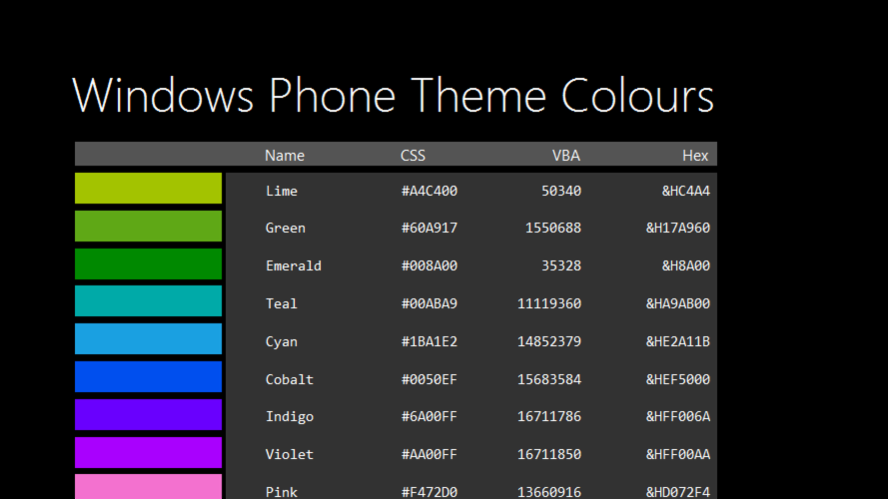 Windows colors. Vba цвета. Windows Phone цвета. Палитра Windows Phone. Черная тема цвета приложения.