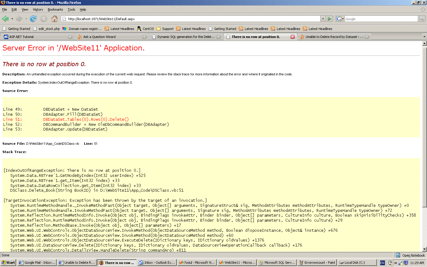 Solved there is no row at position 0 dataset and objectdatasource