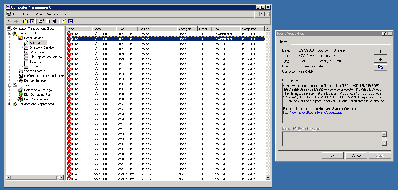 error de evento 1054 userenv