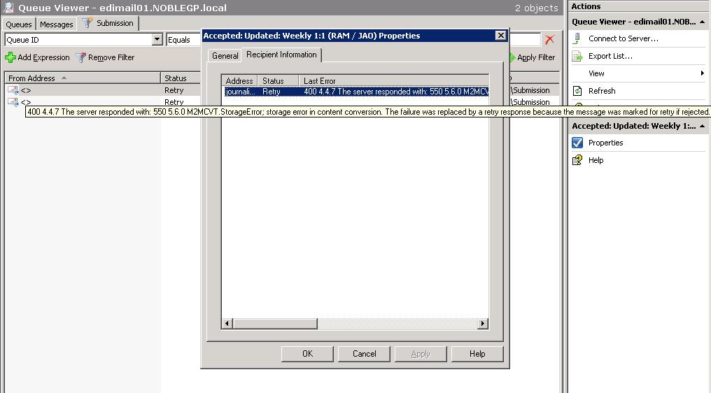 Solved Calendar journaling messages stuck in Submission queue with