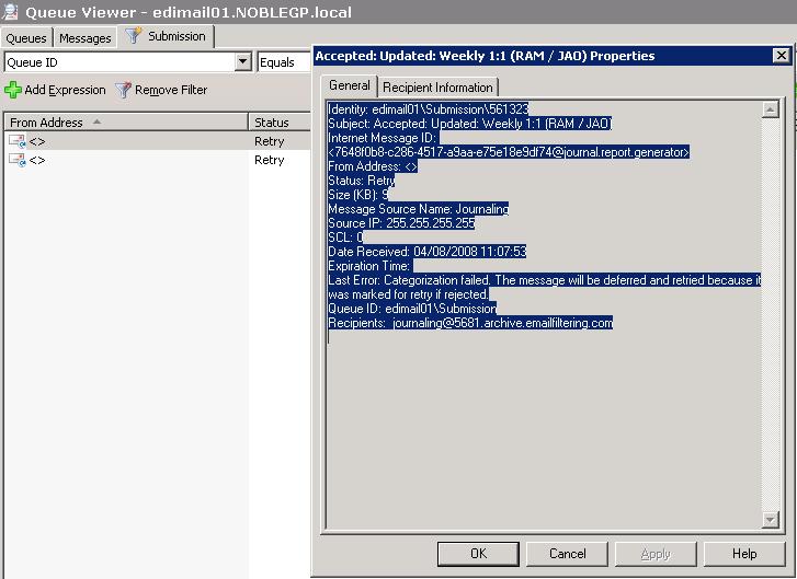 Solved Calendar journaling messages stuck in Submission queue with
