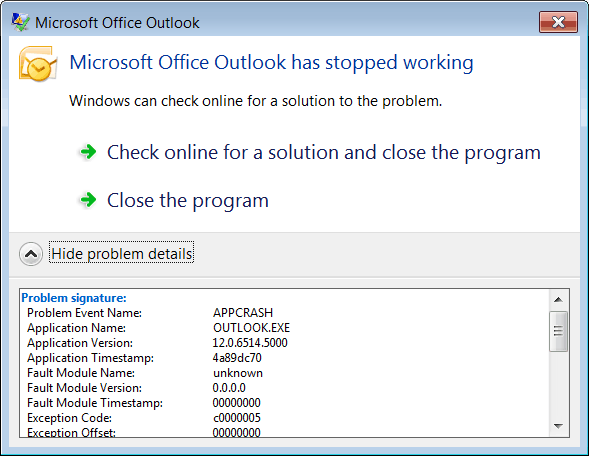 Solved: Outlook 2007 Appcrash in Windows 7 | Experts Exchange