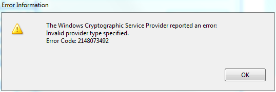 Invalid provider Type specified..