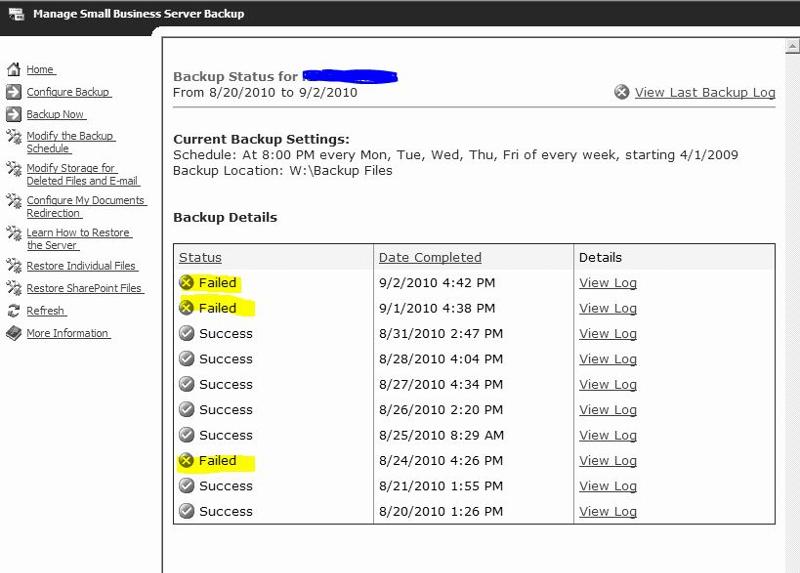 backup fails ms sbs 2003