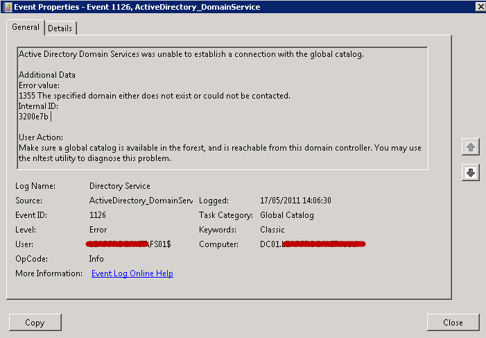 active directory domain services was unable to establish a connection with the global catalog