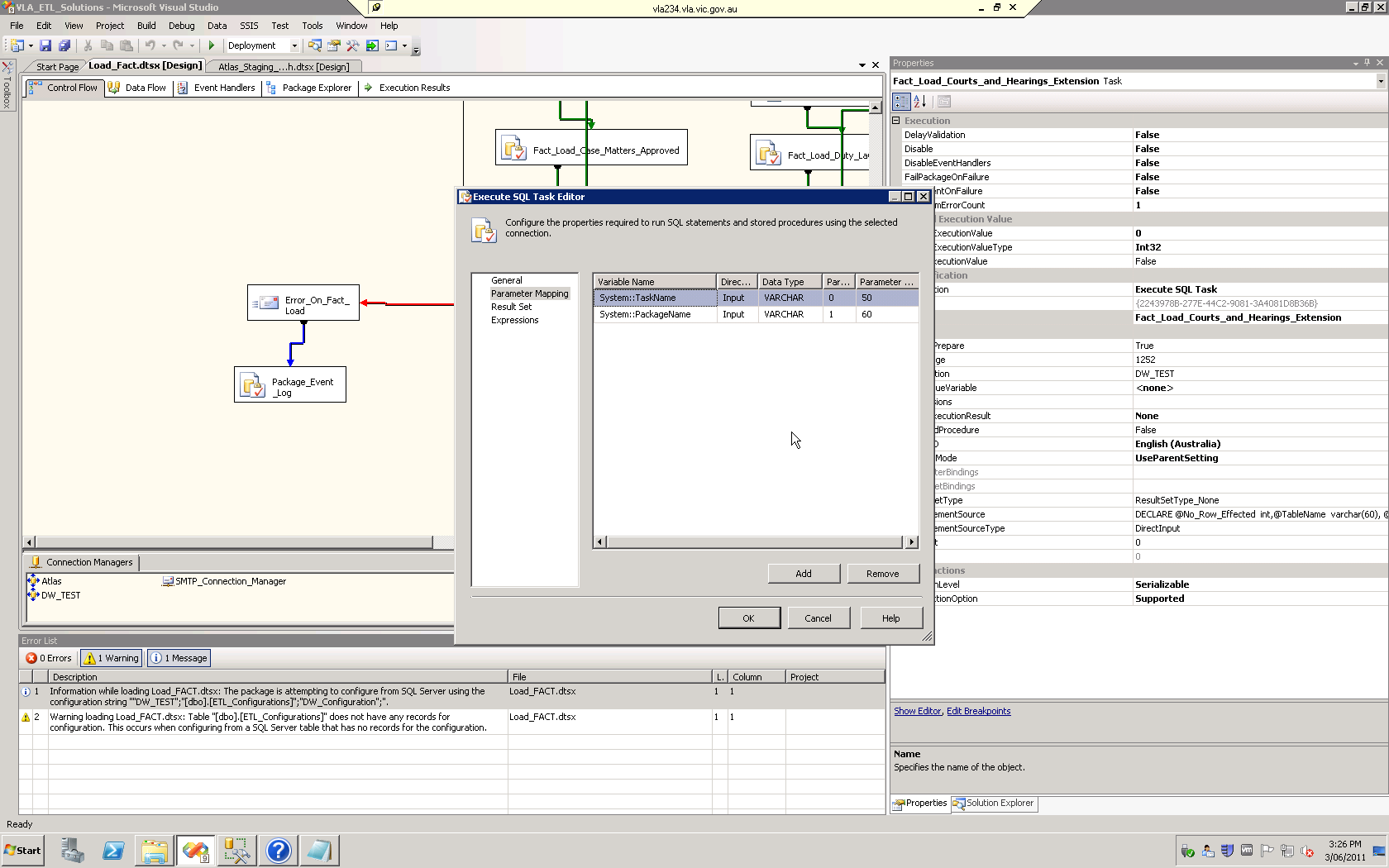Solved: error on parameter mapping in Executive SQL task | Experts Exchange
