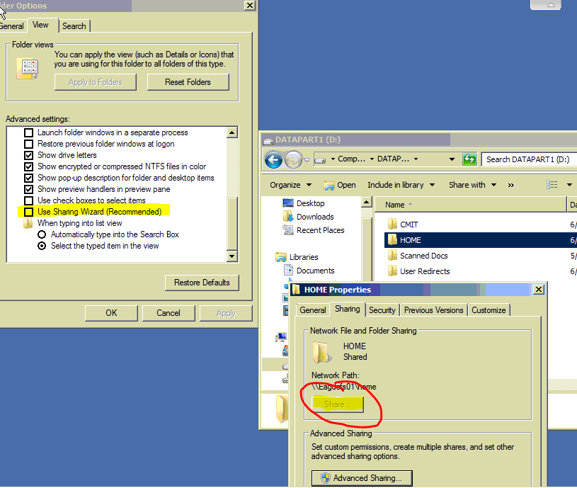 Solved: File sharing button is disabled 2008 R2 | Experts Exchange