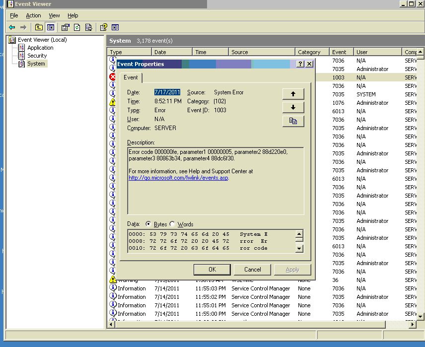 händelseidentifiering 1003 systemfel windows server 2003