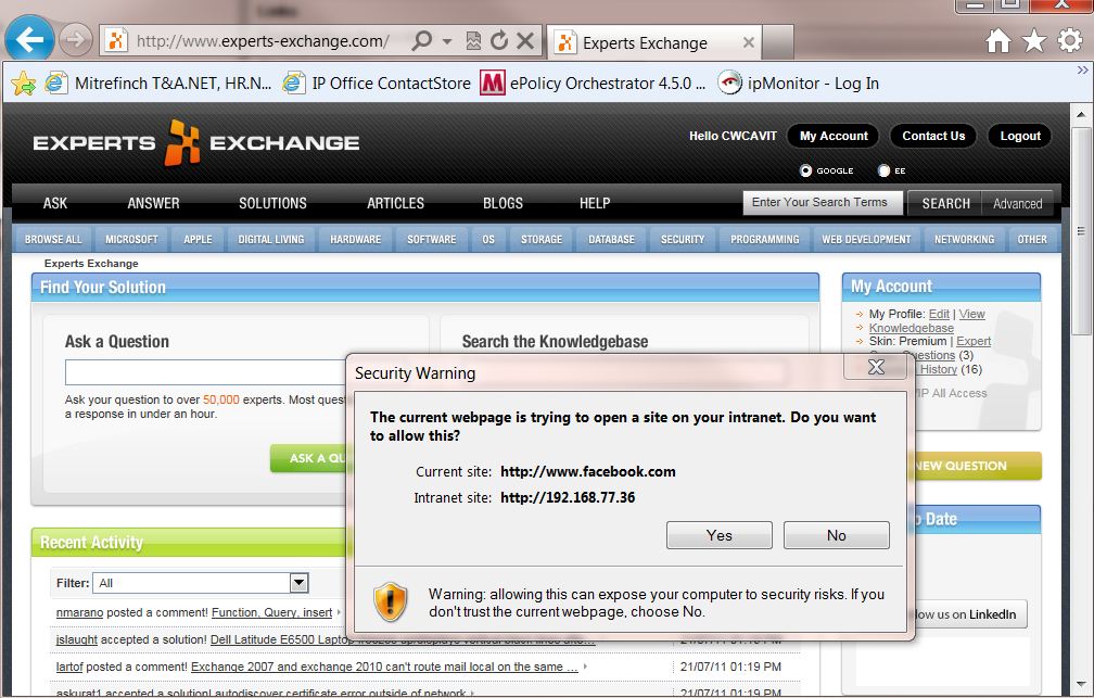 Solved Security Warning, The current webpage is trying to open a site