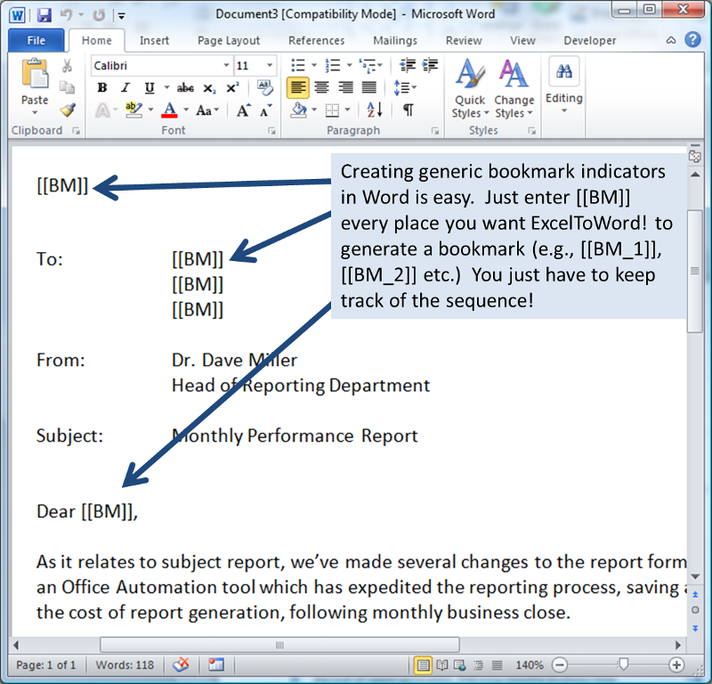 figure-2: Creating generic bookmark indicators in Word