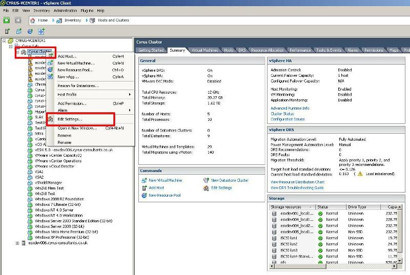 Right Click the Cluster in the right hand panel, and select Edit Settings