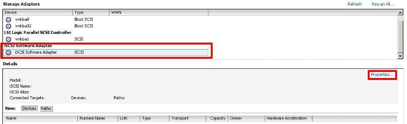 elect iSCSI Software Adaptor, and Select Properties