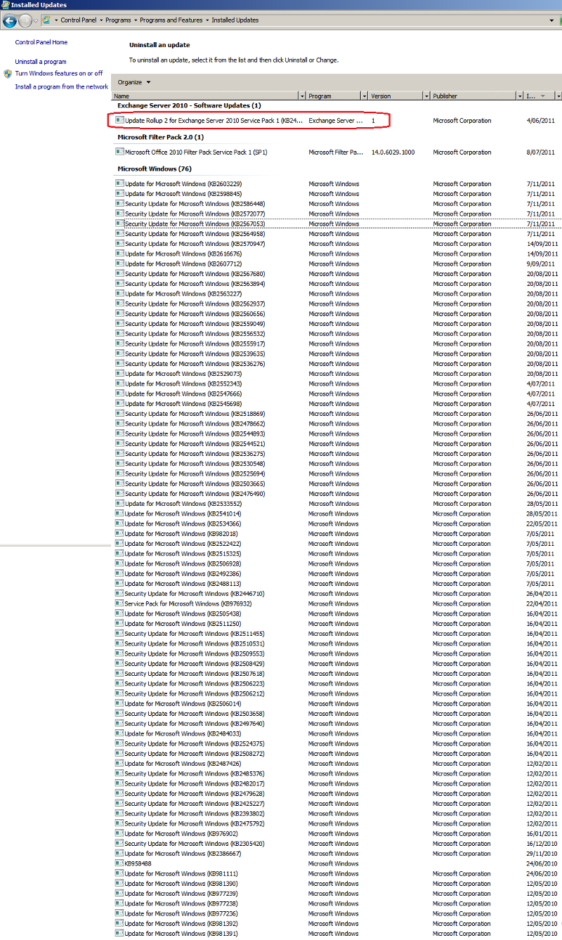 Solved How to remove interim updates for Exchange Server 2010 SP1