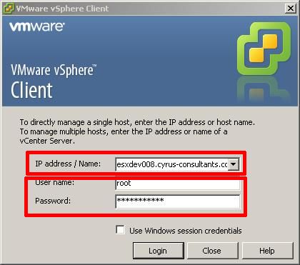 Using the VMware vSphere Client, login and connect to the VMware ESX/ESXi server