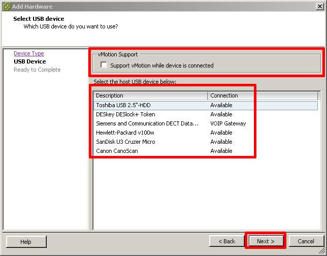 Select the USB Device to add to the Virtual Machine.
