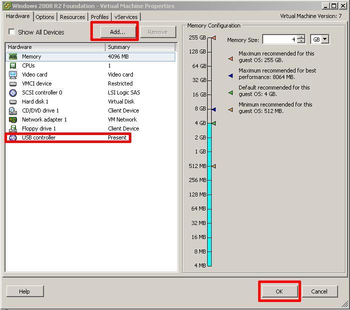 Select the virtual machine with the USB Controller