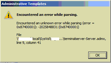 Napotkałem błąd, który trwał długo podczas parsowania terminala server-server.admx