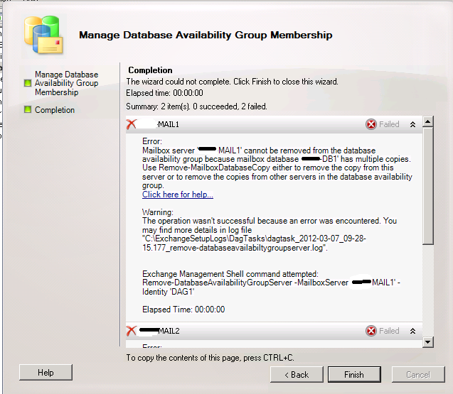 exchange dag index failed