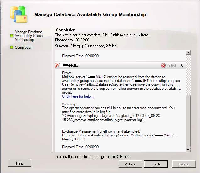 Solved: Remove Server From DAG Failed | Experts Exchange