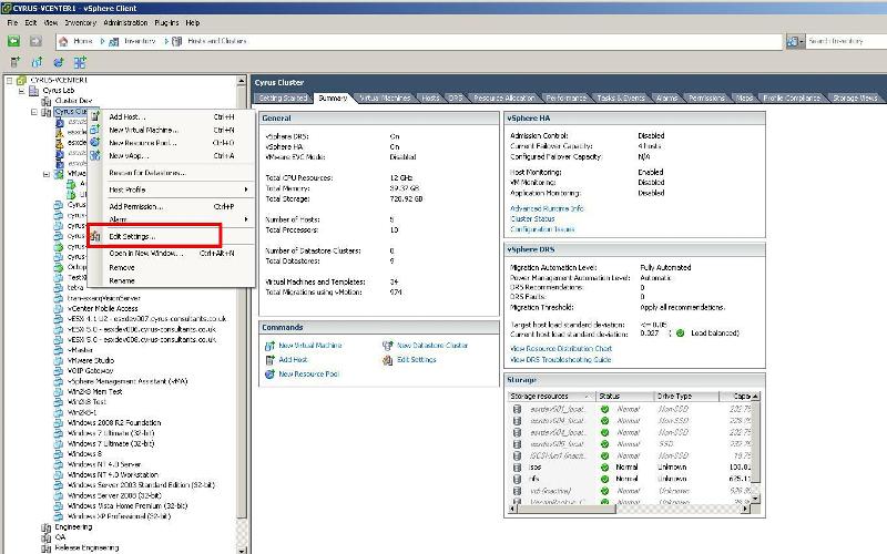 Right Click the Cluster in the right hand panel, and select Edit Settings Right Click the Cluster in the right hand panel, and select Edit Settings