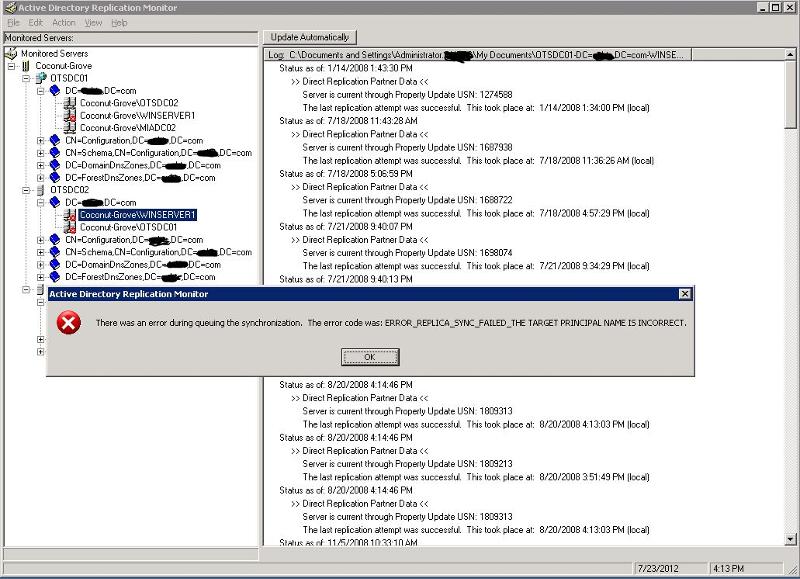 Solved: AD replication error target principal name is incorrect ...