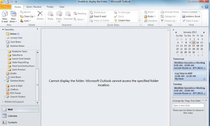 outlook 2010 cannot open your default email folders