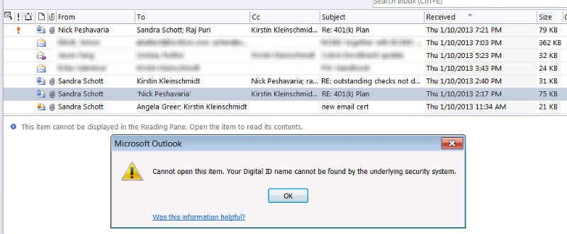 Solved: User can't open encrypted email in Outlook when she is the CC