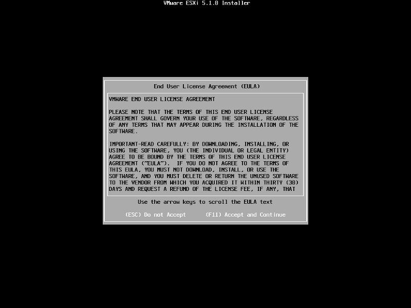 Press F11 (Function Key 11) to Accept the VMware End User License Agreement (EULA)