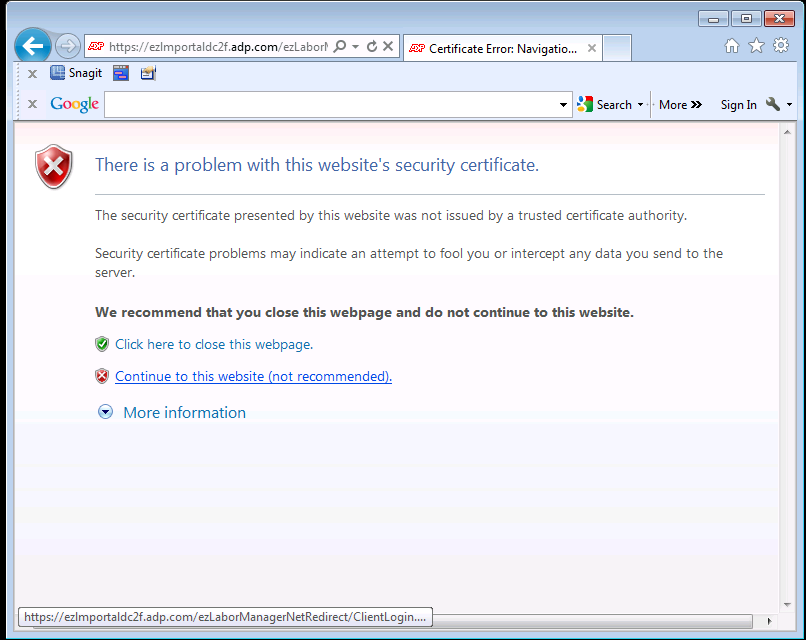 Solved: A single user is getting a Certificate error when accessing ADP