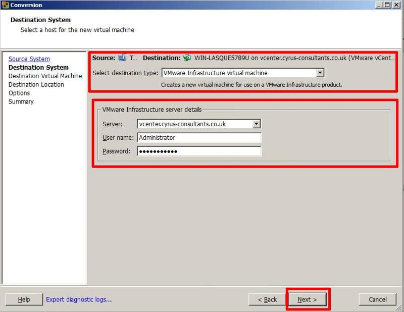 VMware vCenter Converter Standalone 5.1 - Specify vCenter Server