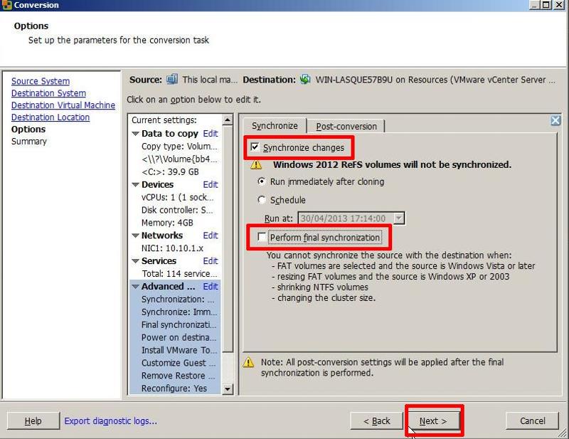 HOW TO: Synchronize changes when completing a P2V or V2V with VMware