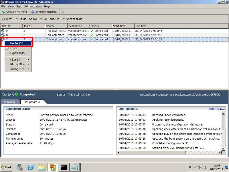 VMware vCenter Converter Standalone 5.1 - Go to Job