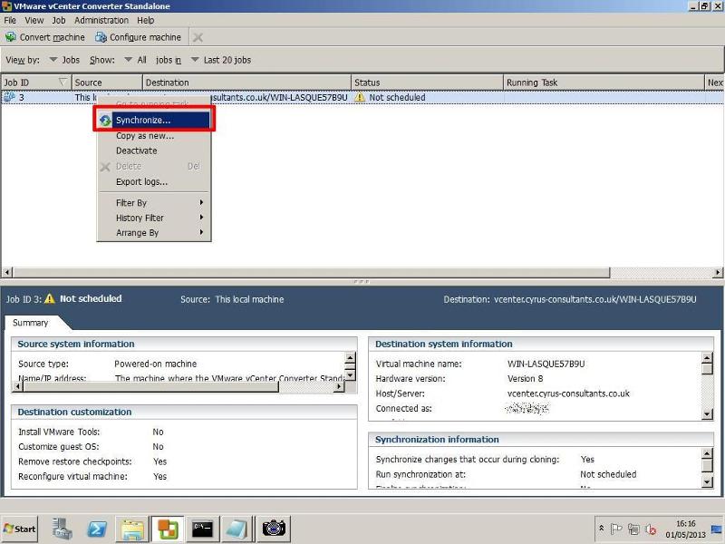 VMware vCenter Converter Standalone 5.1 - Synchronize
