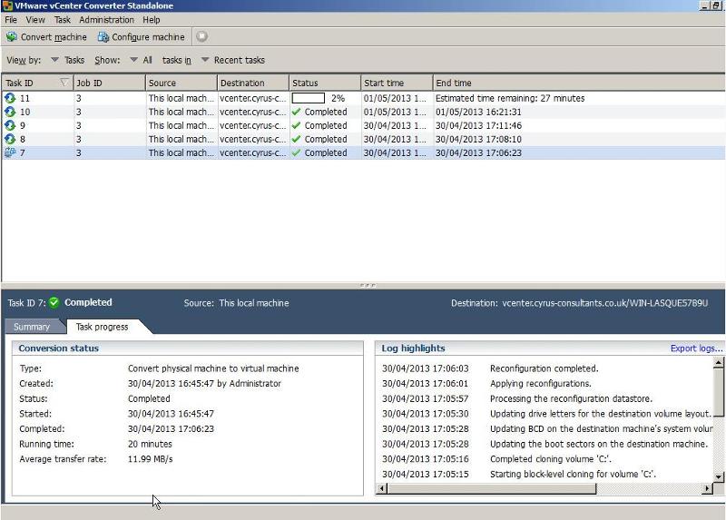 VMware vCenter Converter Standalone 5.1 - Synchronize Task Progress