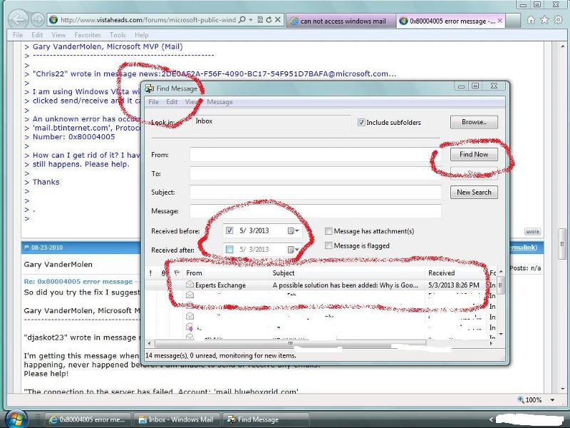 Solved: can not access windows mail | Experts Exchange