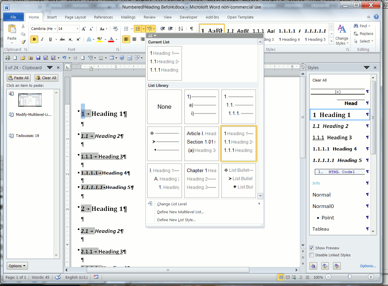 microsoft word multilevel list problems