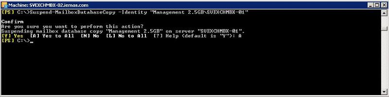 Suspend-MailboxDatabaseCopy -Identity "Management 2.5GB\MBX01"