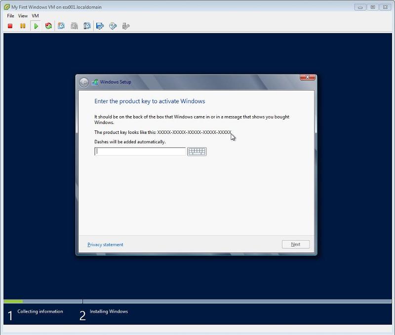Windows 2012 Installation - Enter Product Key
