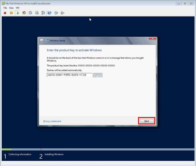 Windows 2012 Installation - Product Key Entered