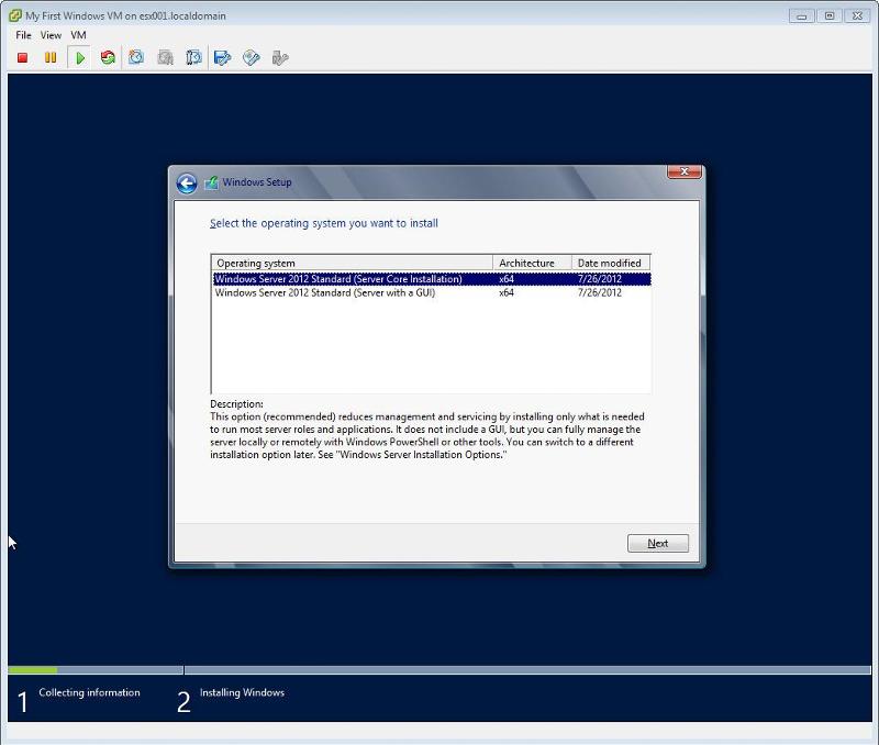 Windows 2012 Installation - Select GUI or Core