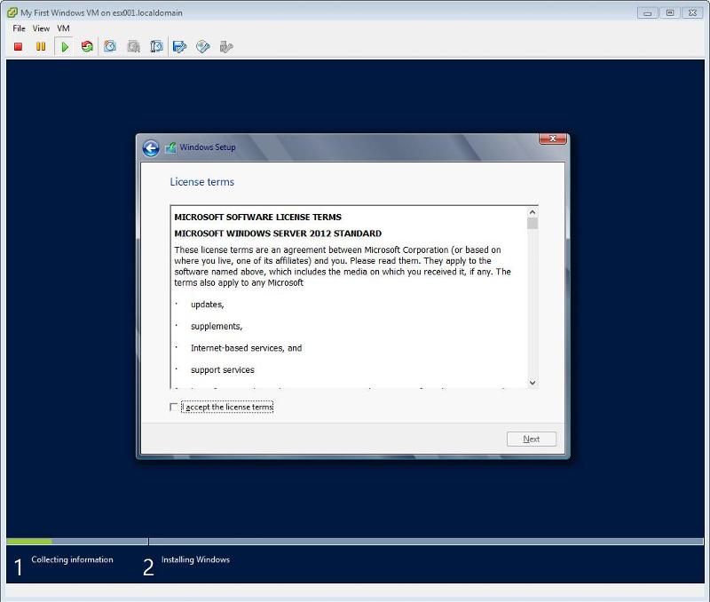 Windows 2012 Installation - License Terms