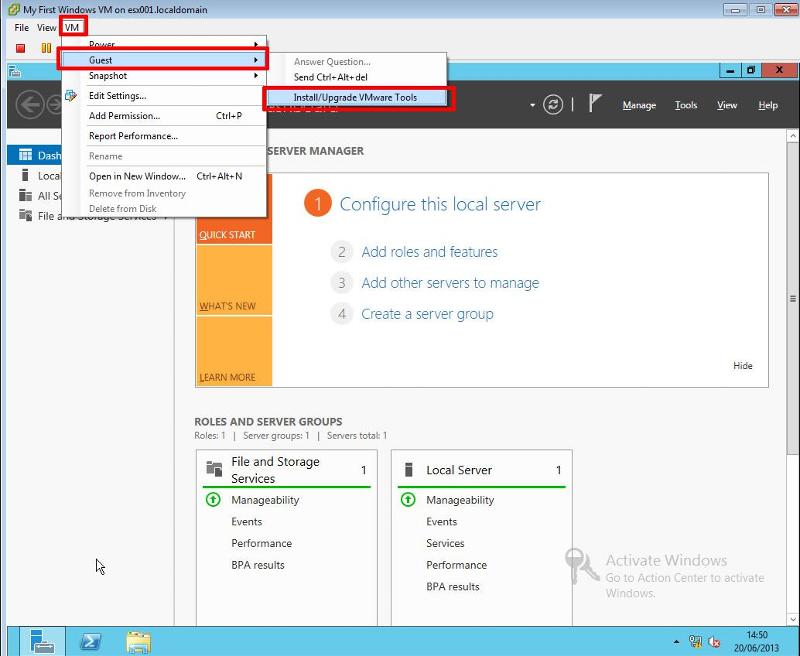 Select VM > Guest > Install/Upgrade VMware Tools
