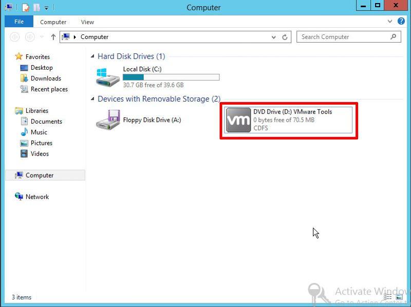 VMware Tools for Windows Installation Step 1 - CD-ROM drive