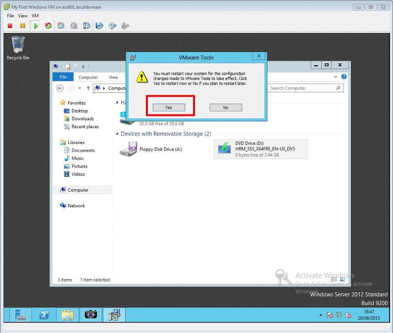 VMware Tools for Windows Installation Step 9 - VMware Tools Click Restart